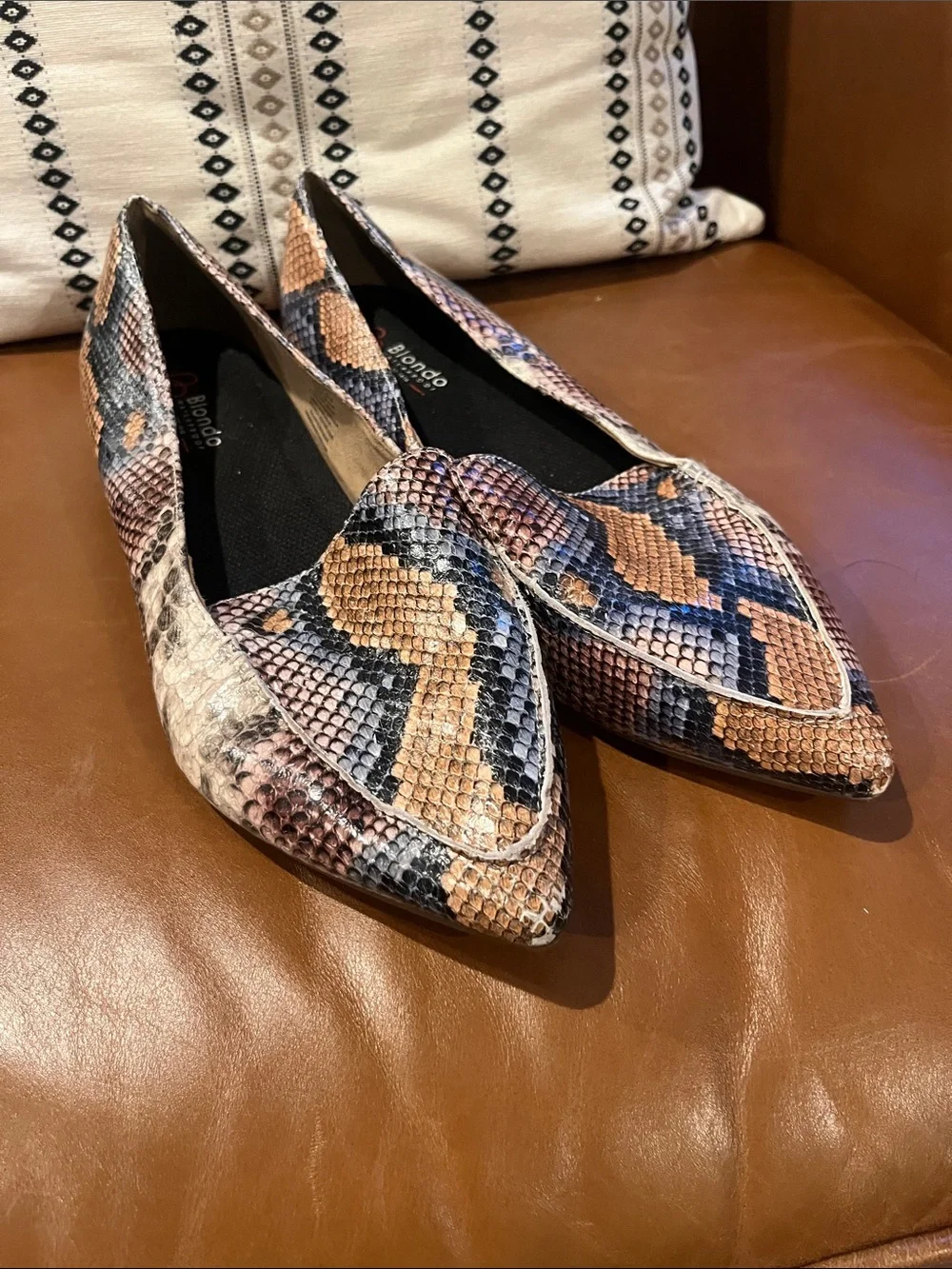 Blondo Pointed Snake-Print Flats in Tan, Black & Cream